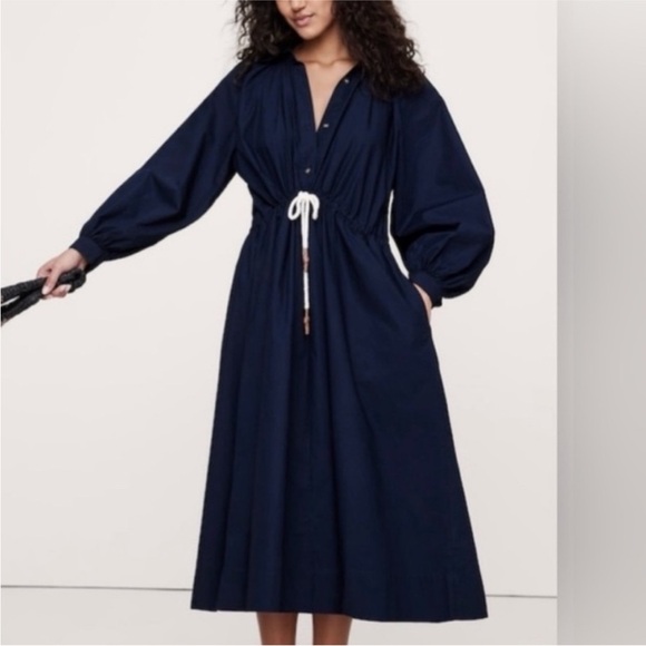 Banana Republic Navy Poplin Midi Shirt Dress Oversized Drawstring Waist  Pockets